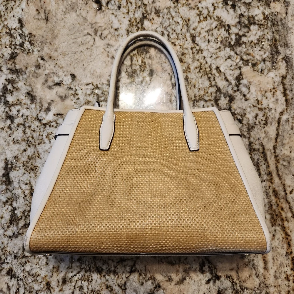 Kate Spade Handbag, Lucia Straw Medium Satchel Tan & White Crossbody EUC Summer